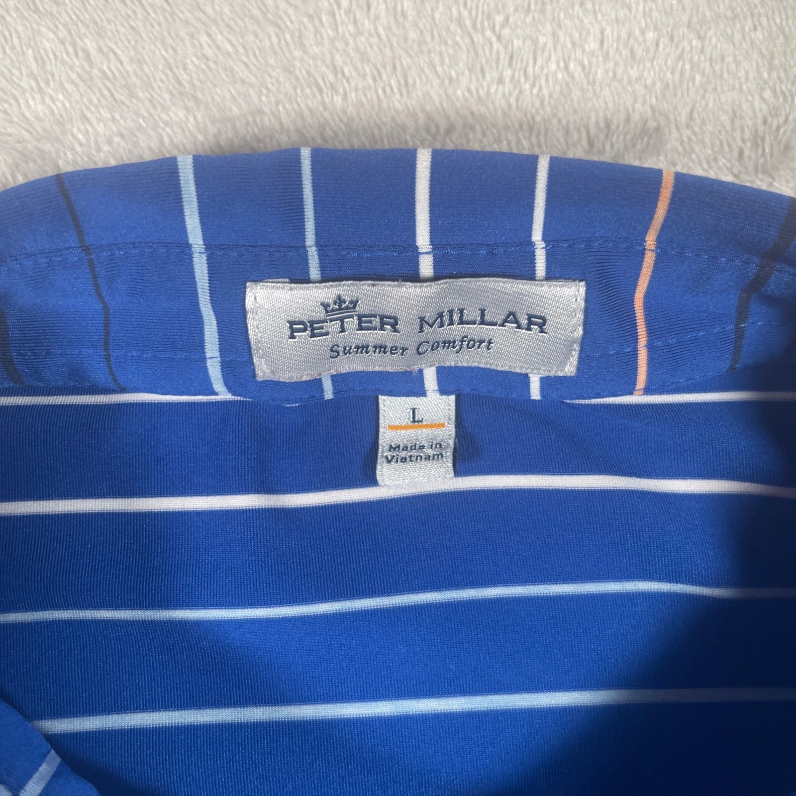 Peter Millar Summer Comfort Polo Mens L Blue Striped Performance Short Sleeve