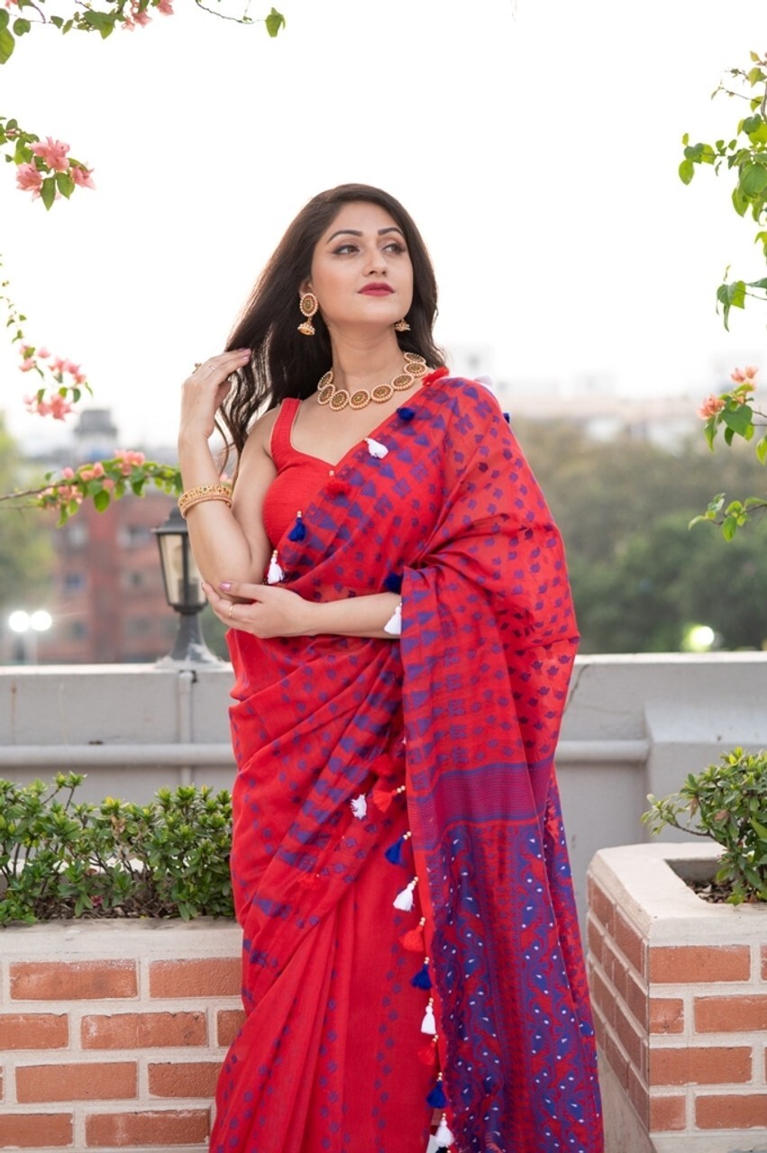 Printed Jamdani Pure Cotton, Cotton Blend Saree (Red)