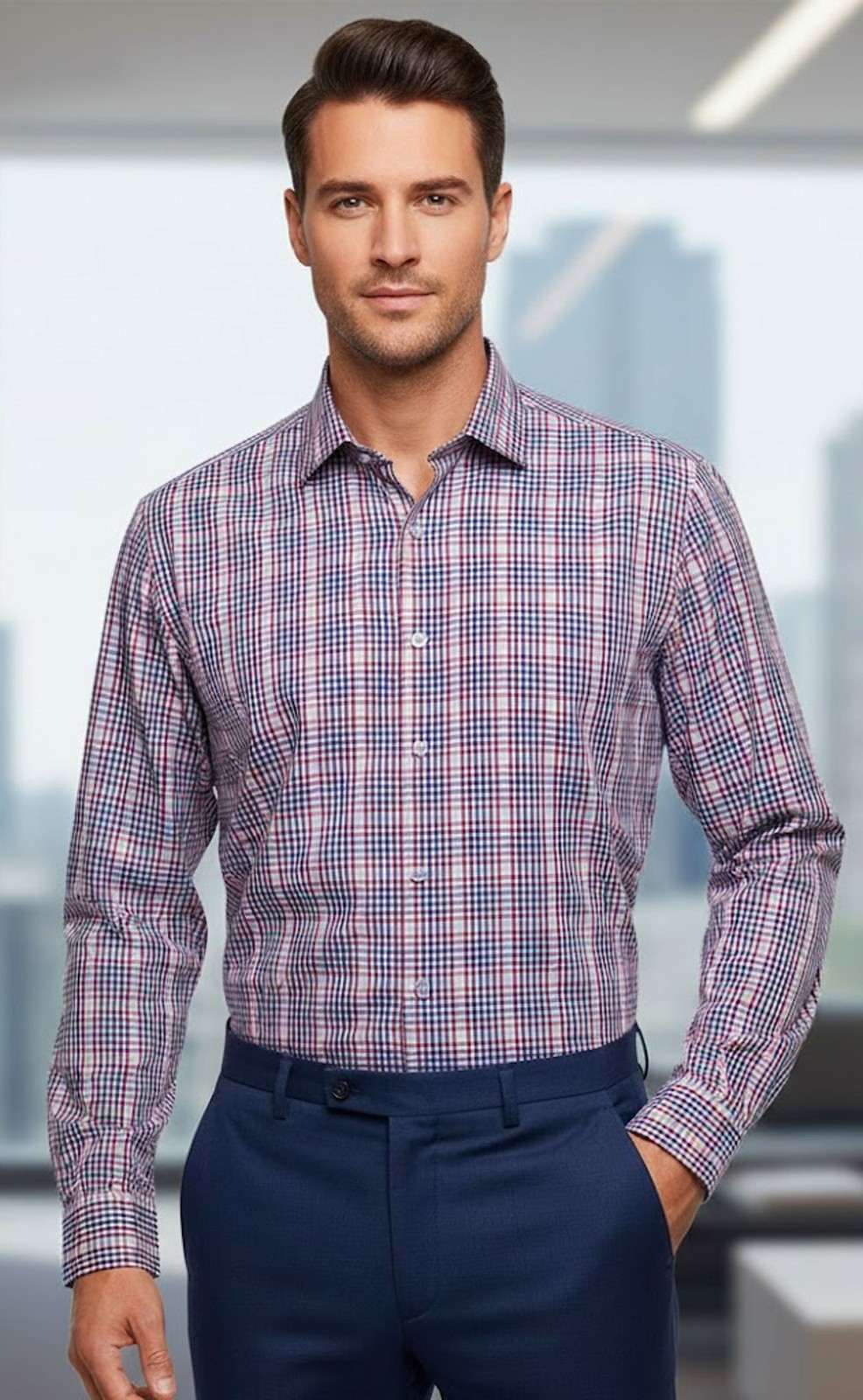 Alfani Men’s Slim-Fit Stretch Red Berry Black Checkered Dress / Shirt