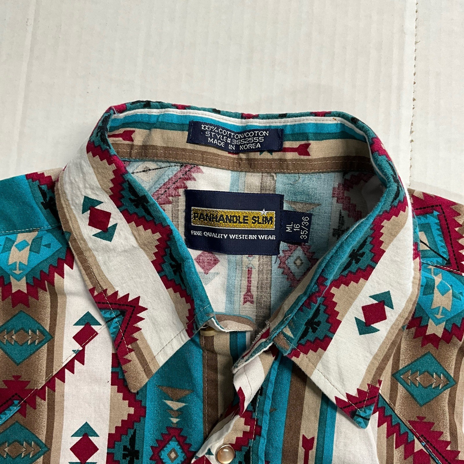 Vintage Panhandle Slim Men’s Geometric western Long Sleeve Pearl snap Shirt L