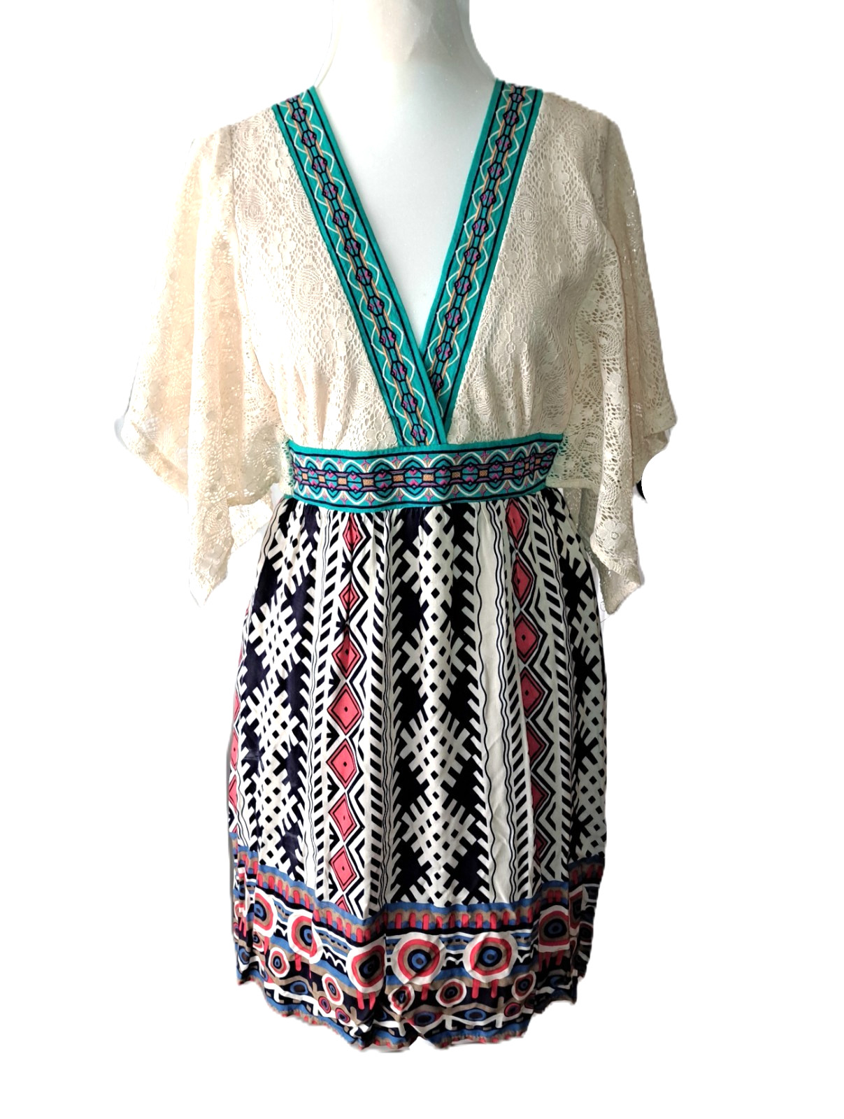 Womens FLYING TOMATO embroidered western dress MEDIUM ivory lace boutique aztec