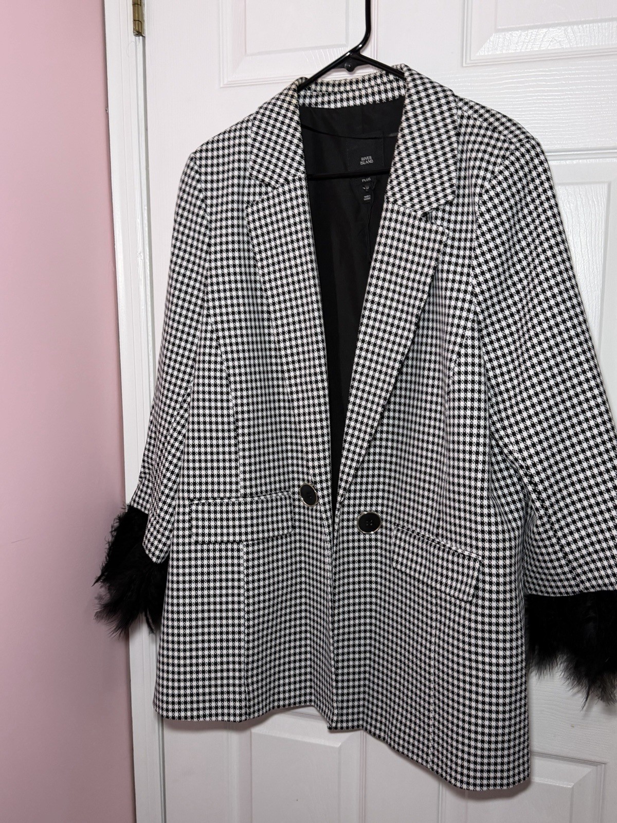 River Island Plus 22 Black/White Check Double Breasted Blazer
