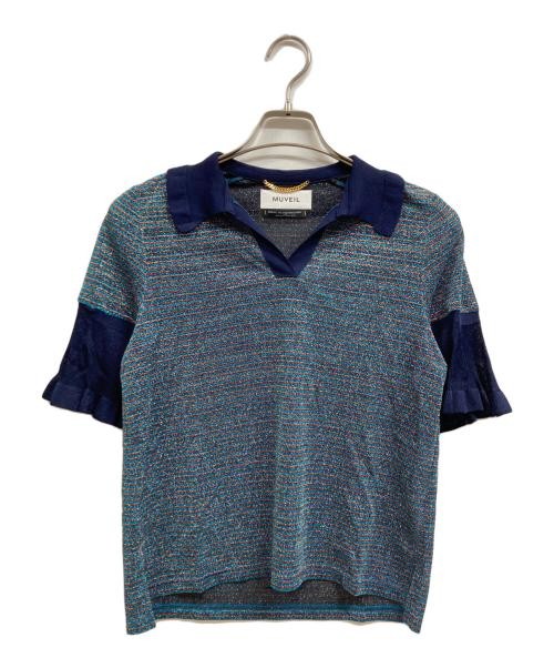 Muveil Blue Glitter Border Pullover S Cotton-Polyester Blend Casual Top