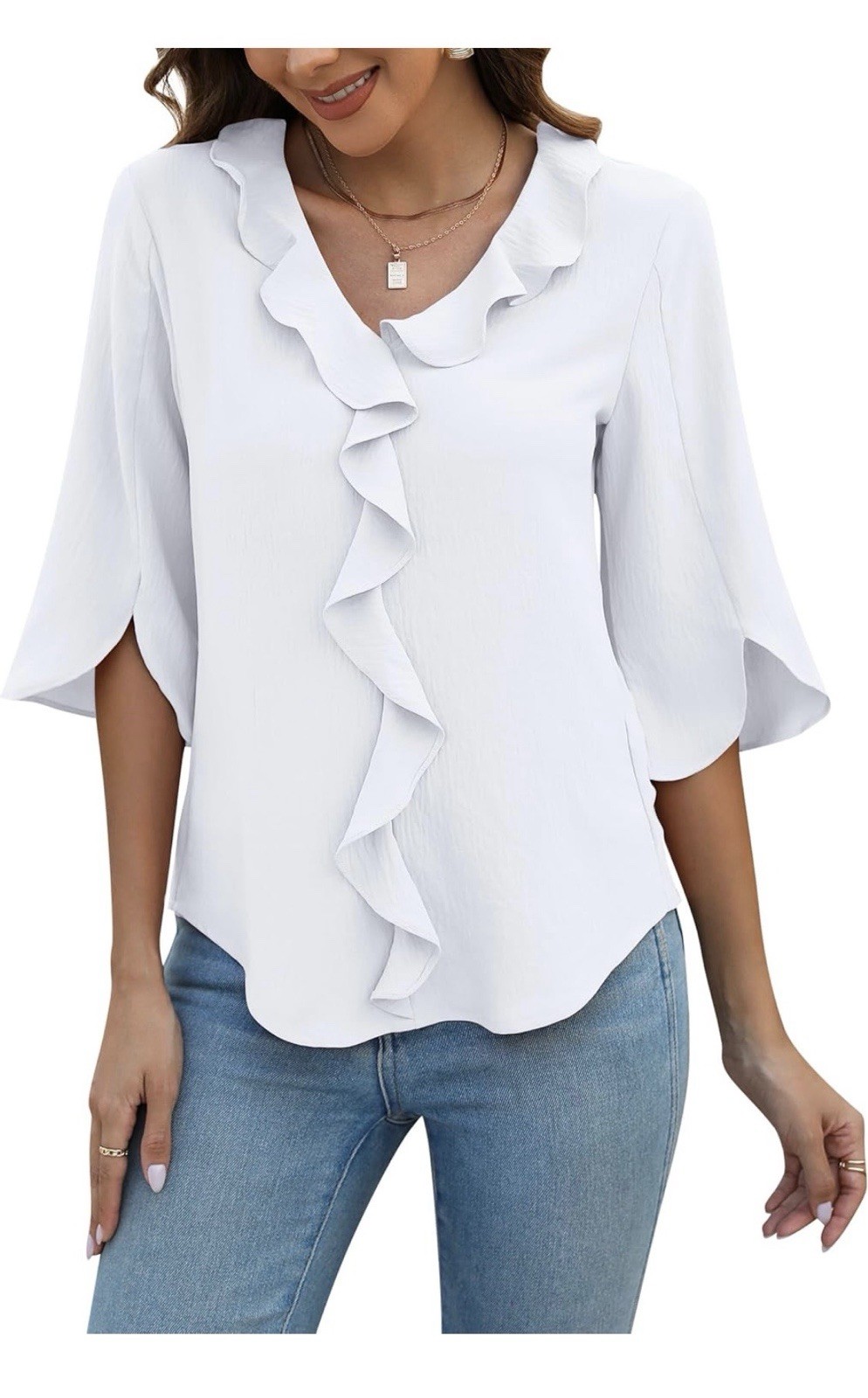 Blooming Jelly Women’s Dressy Casual Blouse 3/4 Length Sleeves, Ivory White, XL