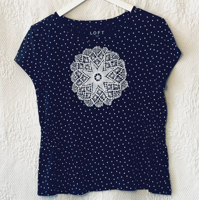 OOAK Vintage Boho LOFT Navy Polka Dot Smocked Top White Lace Doily Medallion S