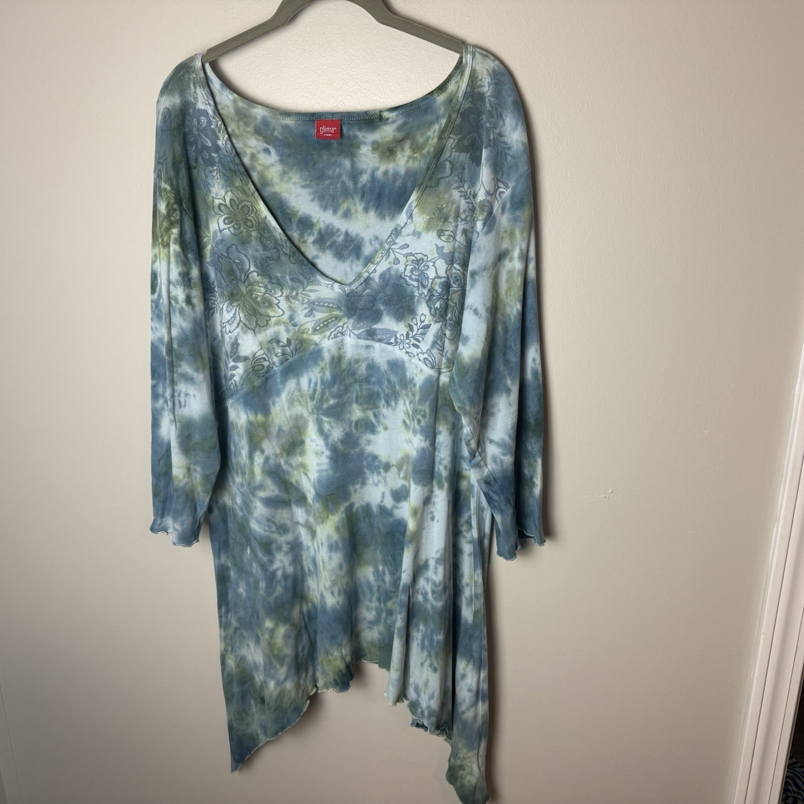 Glima Tunic Top or Short Dress Plus Size 3X V-Neck 3/4 Sleeves Cotton Blue Green