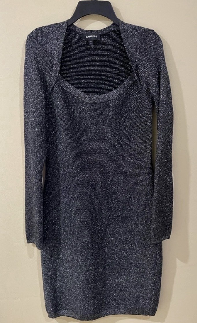 Express Women’s Size Large Black/Silver Knit Bodycon Sweater Dress Square Neck