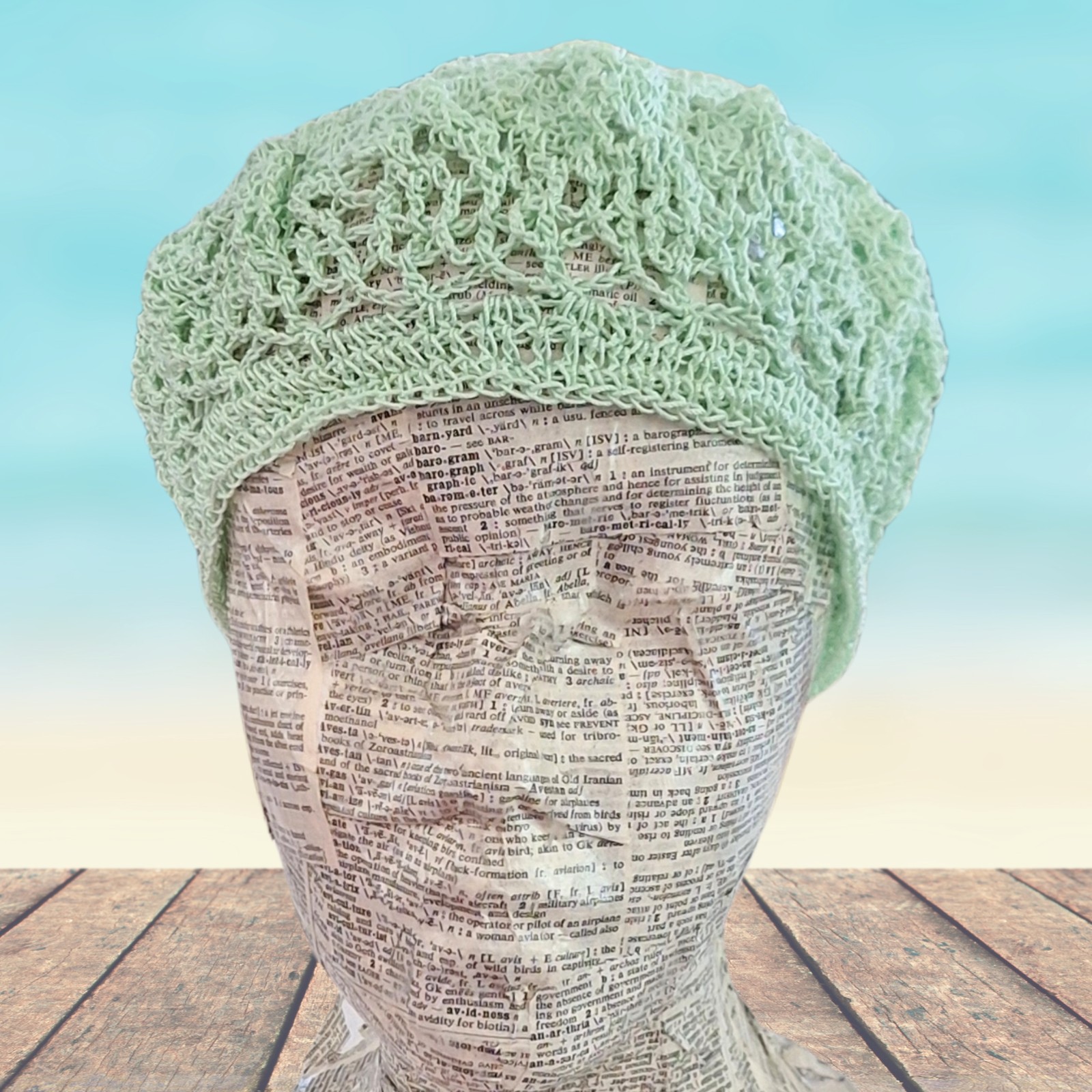 Crochet Lace “Boho” Hat – Light Green Cotton – Adult One Size