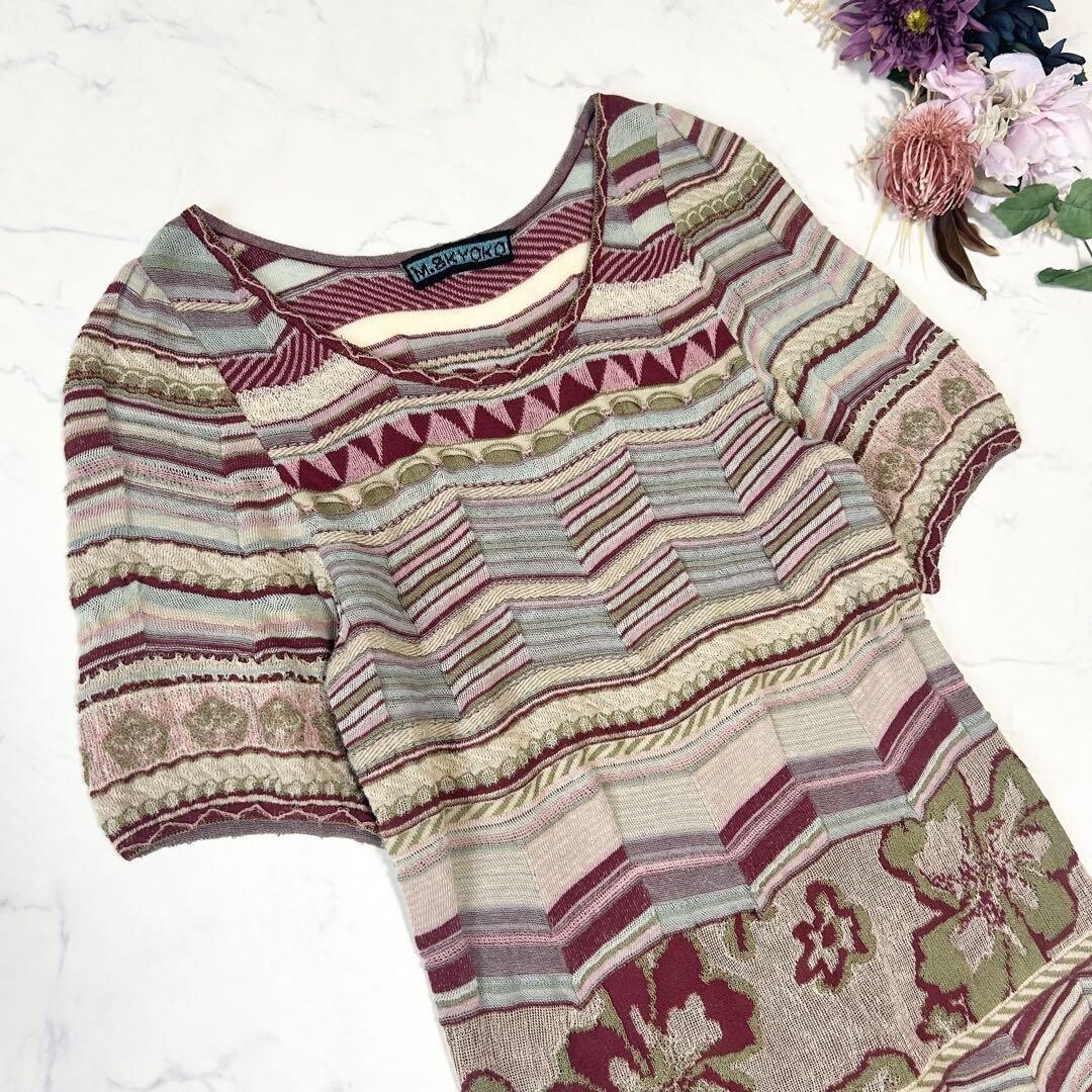 M.&KYOKO Multicolor Jacquard Knit Knee Dress Striped Floral Geometric Auth