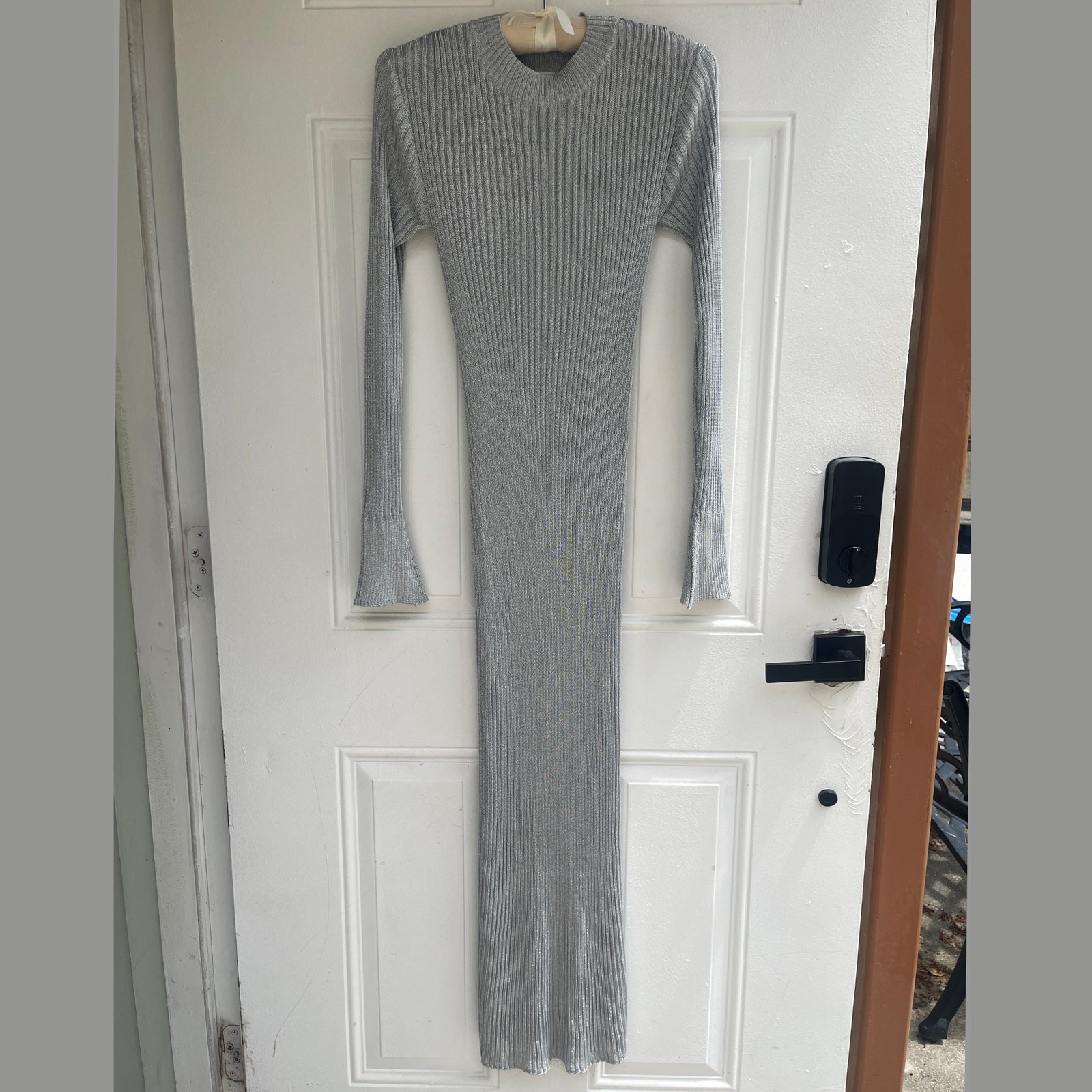 H&M Silver Metallic Ribbed Knit Maxi Dress Bell Sleeve Bodycon Long Sleeve XS