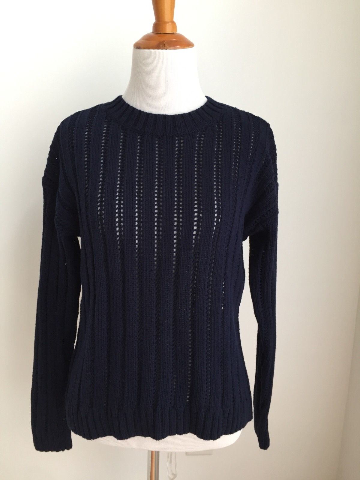 $79 CYRUS SMALL TEXTURED CROCHET COTTEN BLEND NAVY PULL OVER SWEATER WOMEN K