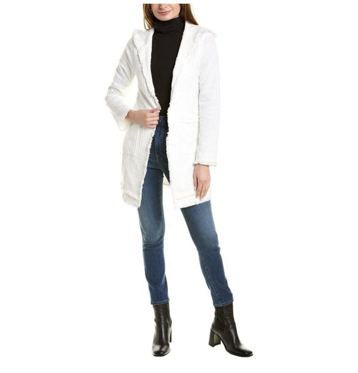 Laundry by Shelli Segal Women’s White Hooded Lined Fringe Open Front Jacket XL