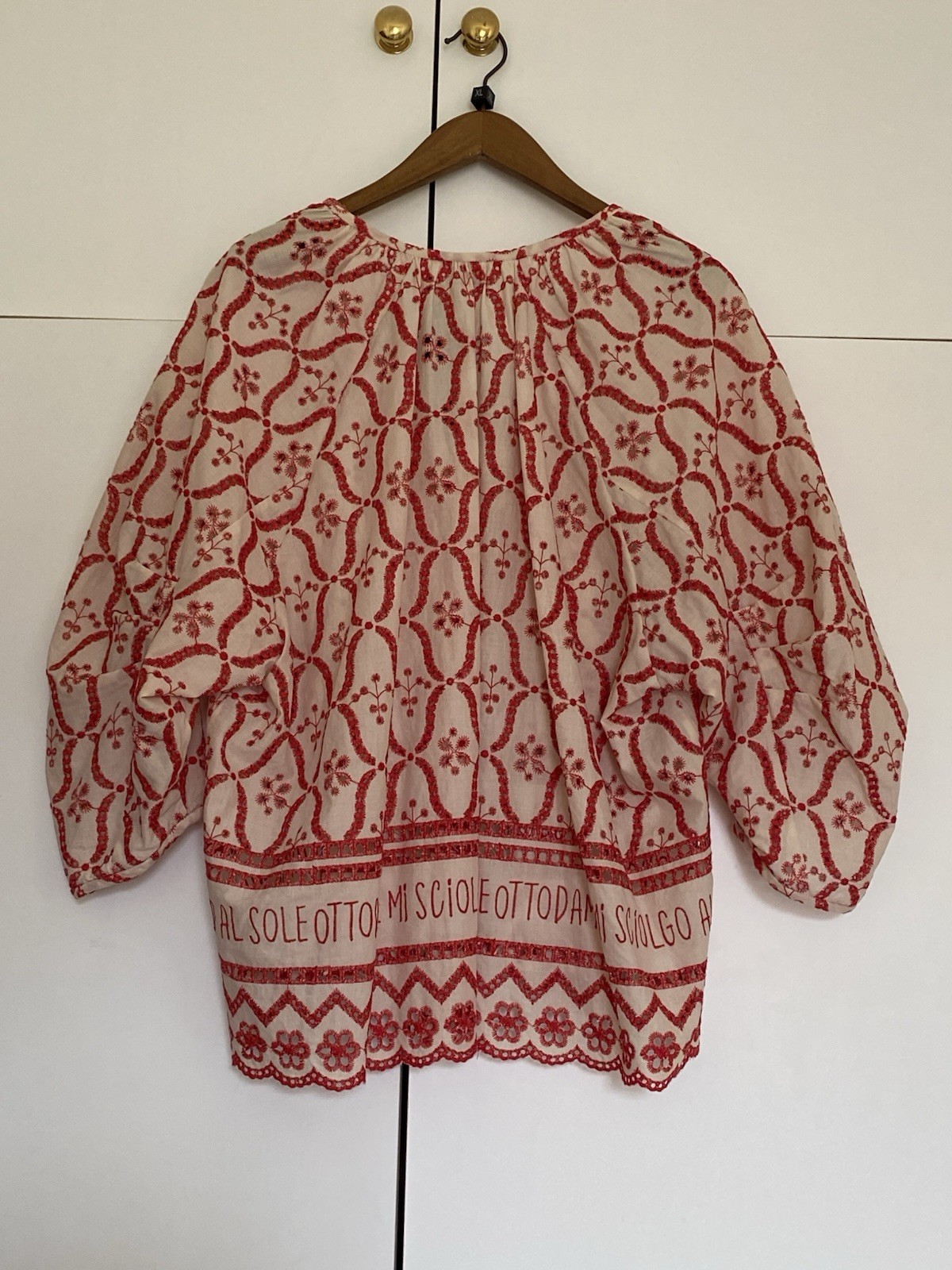 ottod’Ame Beige & Red Embroidered Round Neck Balloon Sleeve Blouse Cotton 10
