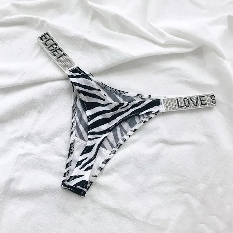 Low Waist Sexy Women Thongs Panties Rhinestones Letter Diamonds G String Sports