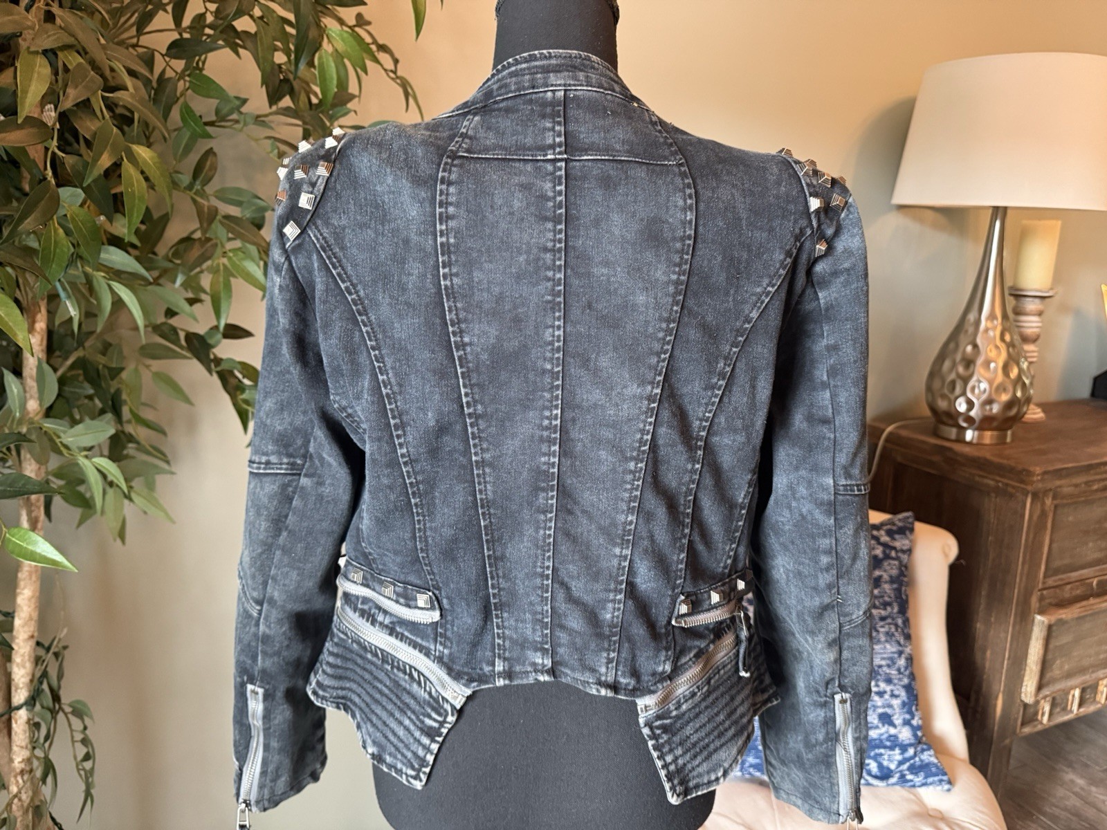 Jacket Womans Studded Riveted Denim Moto Cyber Punk Rock Steampunk M? Zipper S ?