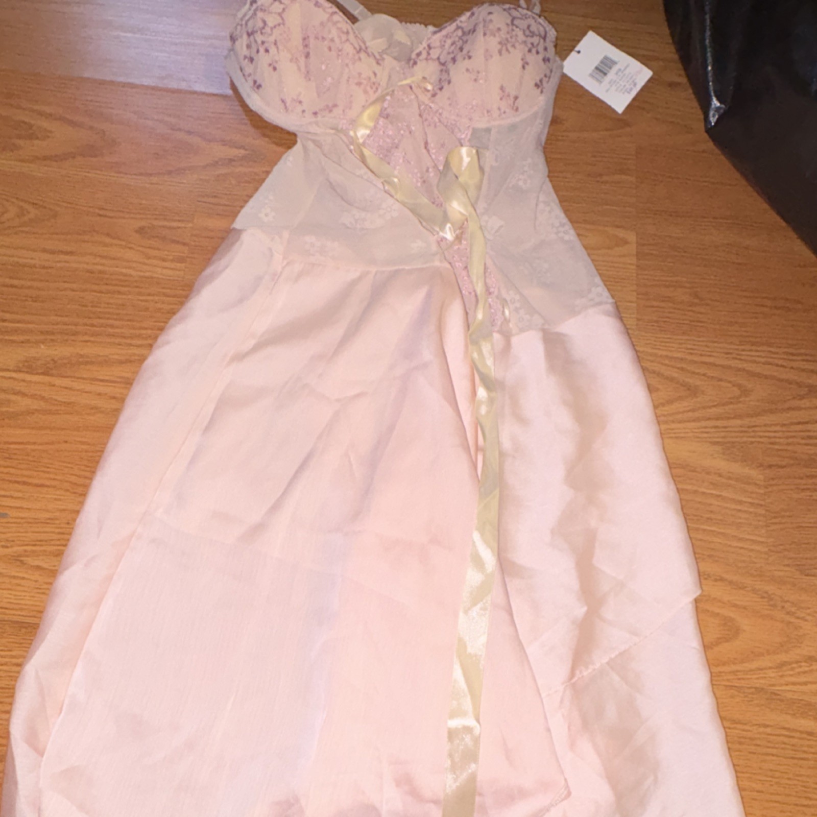 Peach Floral Sleeveless Gown Bow Women’s 36B Nylon Spandex Rayon