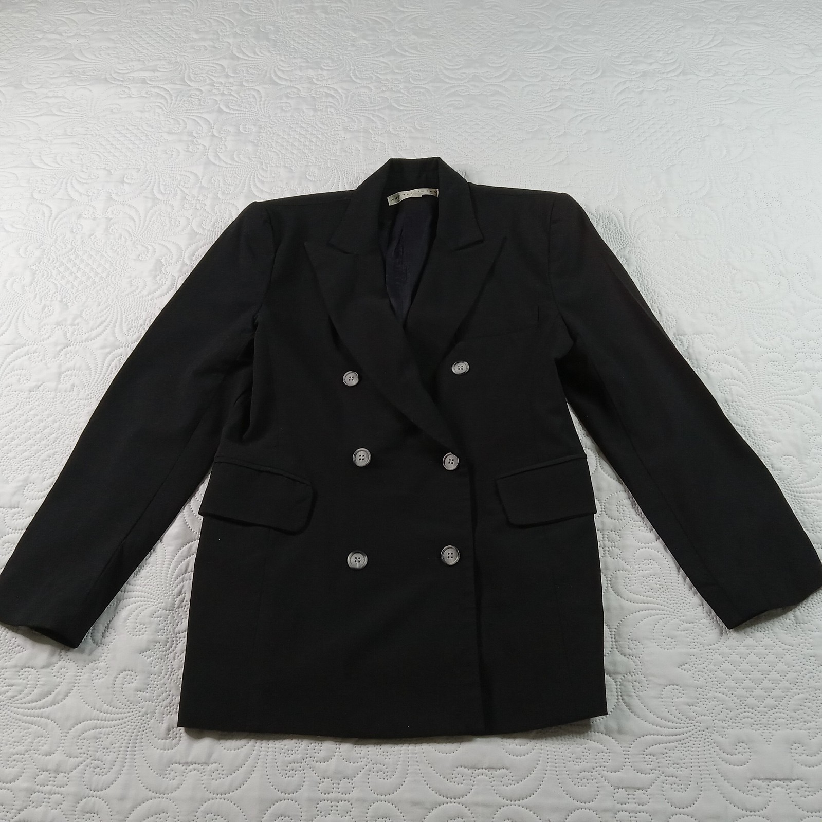 Womens 8 Blazer 100% Wool Black Dbl Breasted Tailored Andrea Behar Vtg USA EUC
