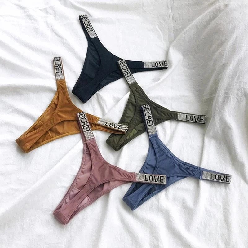 Low Waist Sexy Women Thongs Panties Rhinestones Letter Diamonds G String Sports