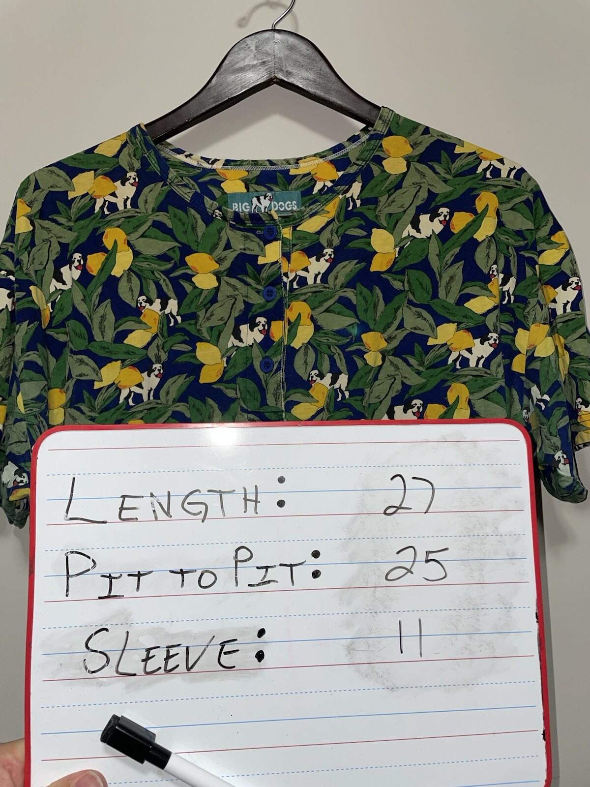 Vintage Big Dogs Men’s Large XL All Over Print Hawaiian T-shirt 3 Button