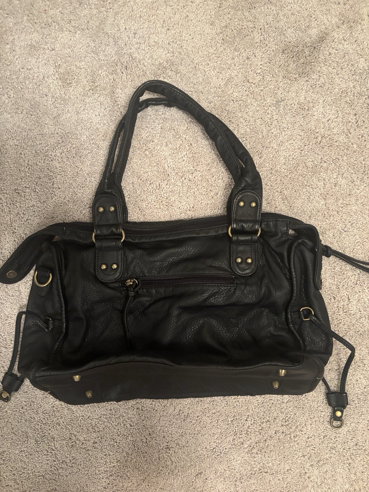 Black Leather City Bag Zip Closure Adjustable Strap Gold Hardware