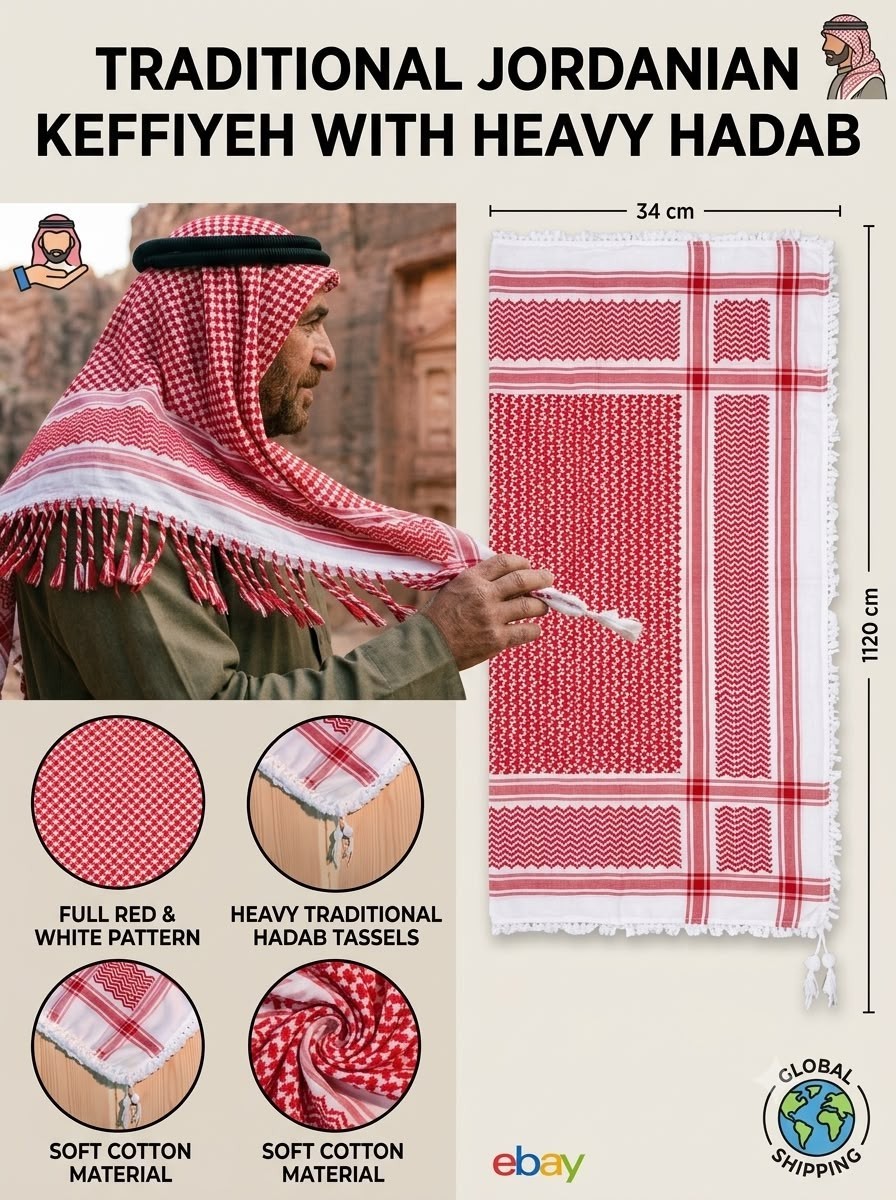 Handmade Keffiyeh Shemagh Arab Scarf Red White Cotton Traditional Tassel Shemagh