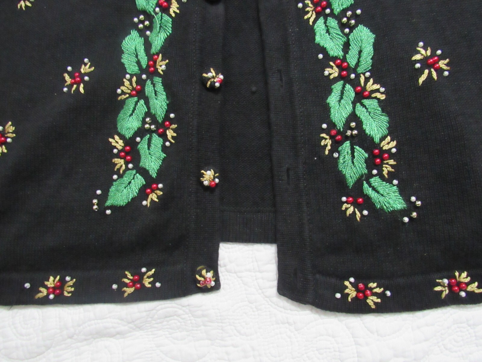 Victoria Jones Christmas Sweater Cardigan Womens XL Black Red Holly Berries