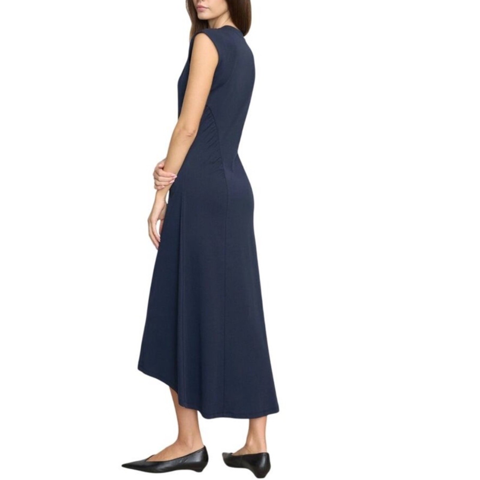Modern Citizen Lenox Navy Ruched Jersey Midi Dress Cap Sleeve Sz L