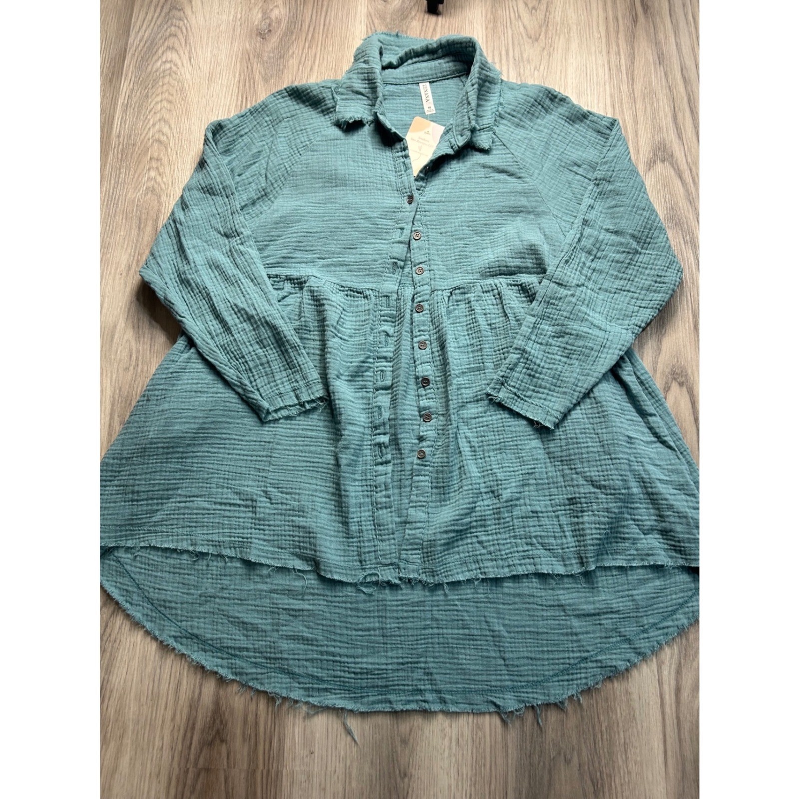ZENANA Muslin Gauze Button Down Shirt Tunic Teal Blue Size M