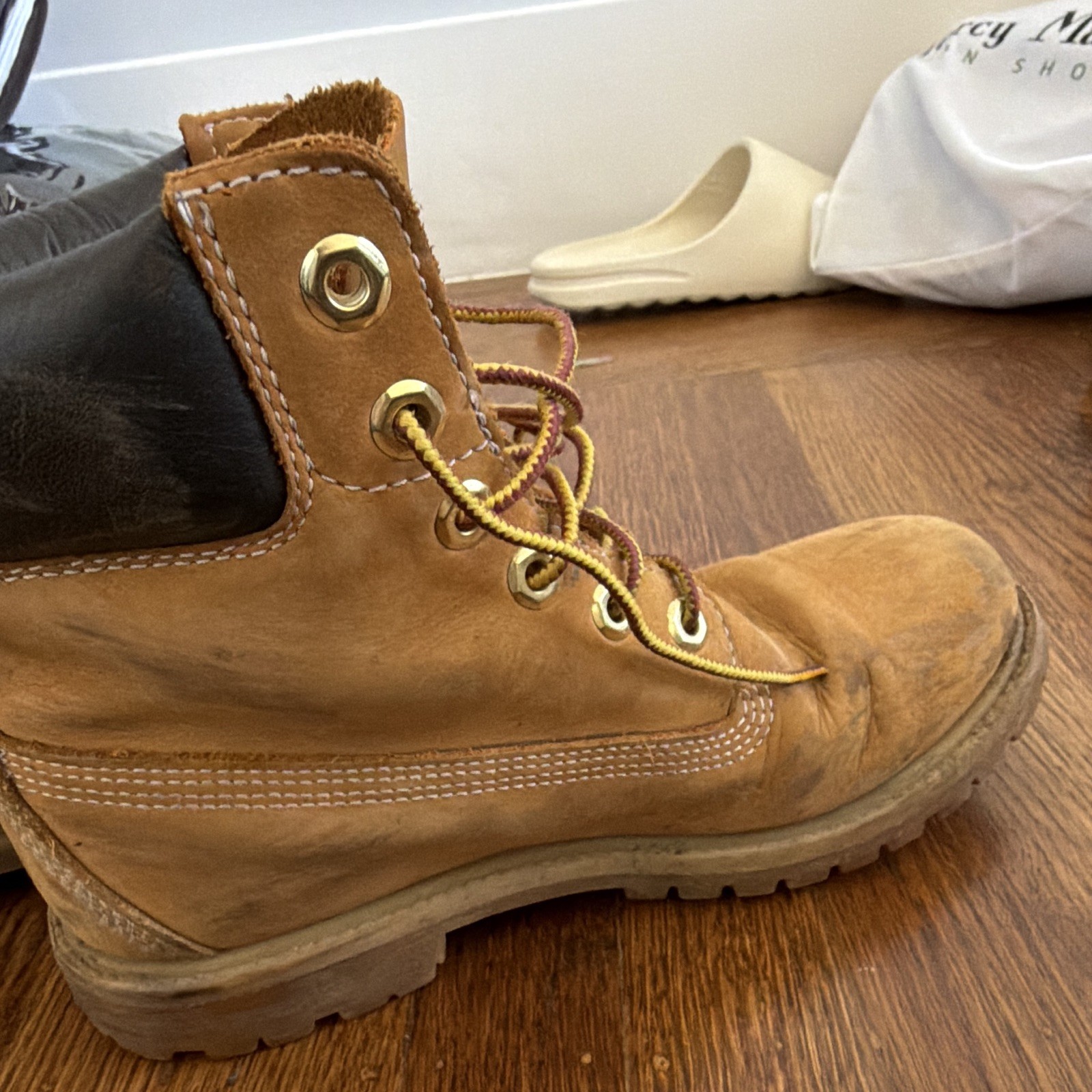 Timberland Men’s 6-Inch Leather Lace-Up Work Boots Padded Collar Brown US 8
