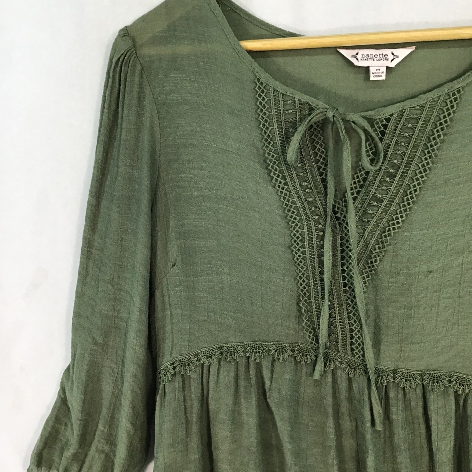 Babydoll Cottage Core Peasant Blouse Top Medium Moss Green Embroidered Lace