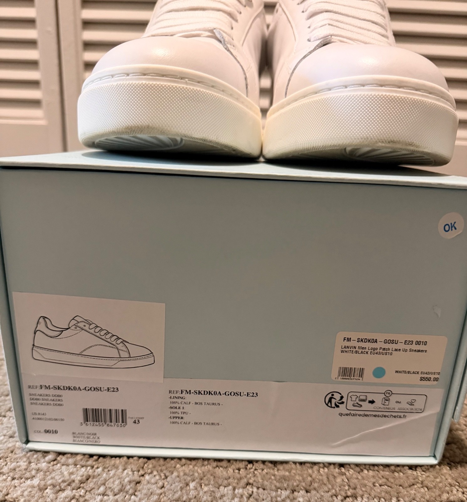 LANVIN men logo patch lace up white sneakers, size 10
