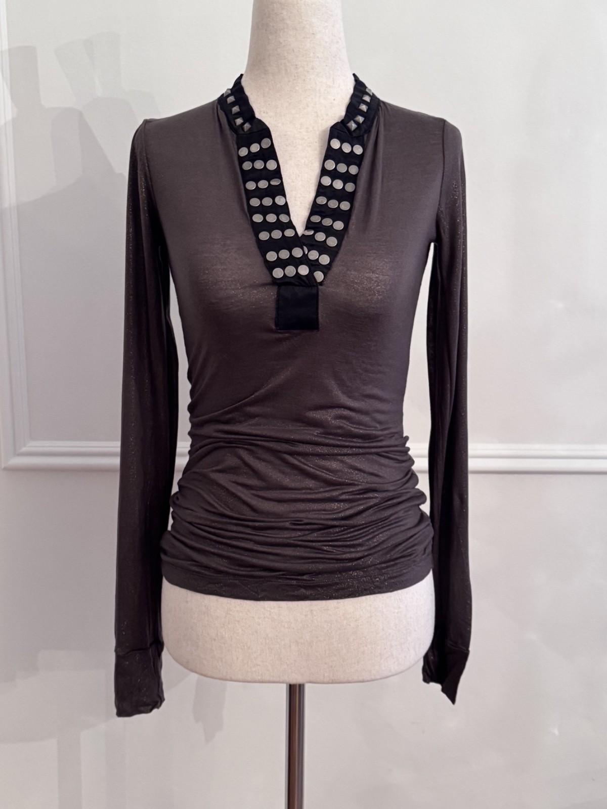 Thomas Wylde Studded V-Neck Draped Top XS Dark Brown