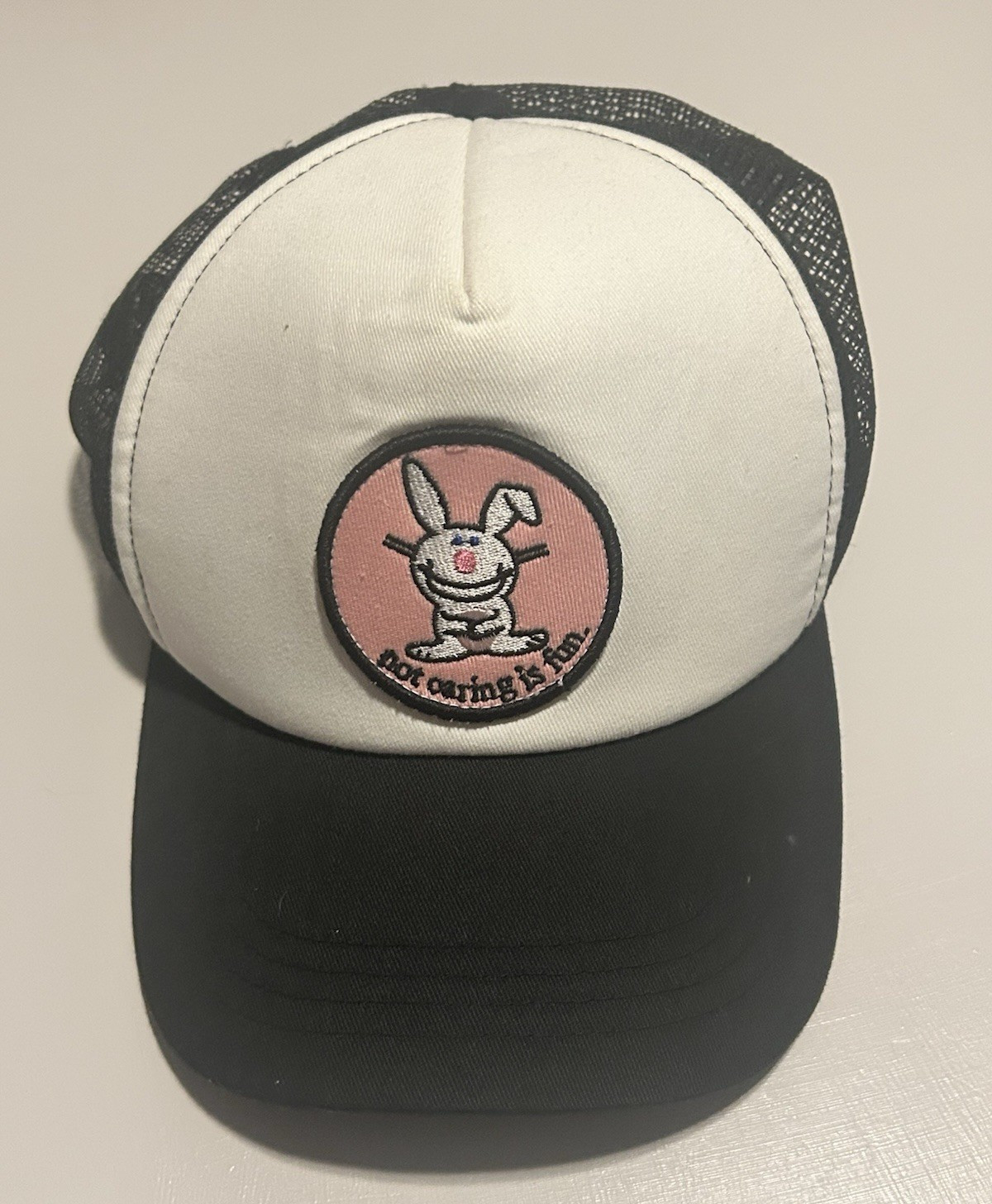 Jim Benton Happy Bunny Black/White Colorblock Mesh Back Adjustable Trucker Hat