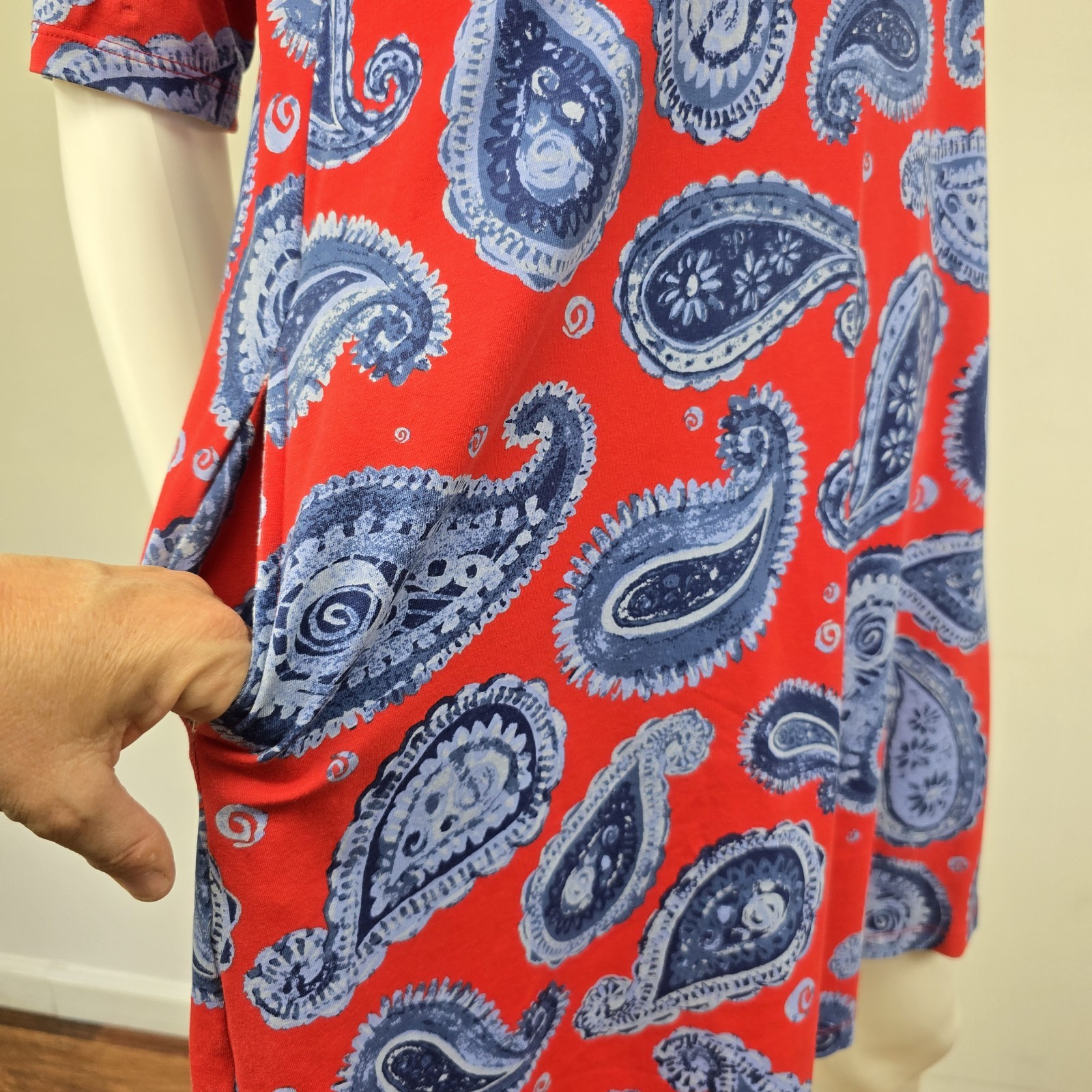 Ana Clare Dress Mini A-Line Shift Paisley Red Short Sleeve Pockets Preppy Size M