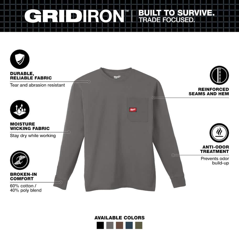 Milwaukee Men’s X-Large Gray GRIDIRON Cotton/Polyester Long-Sleeve T-Shirt