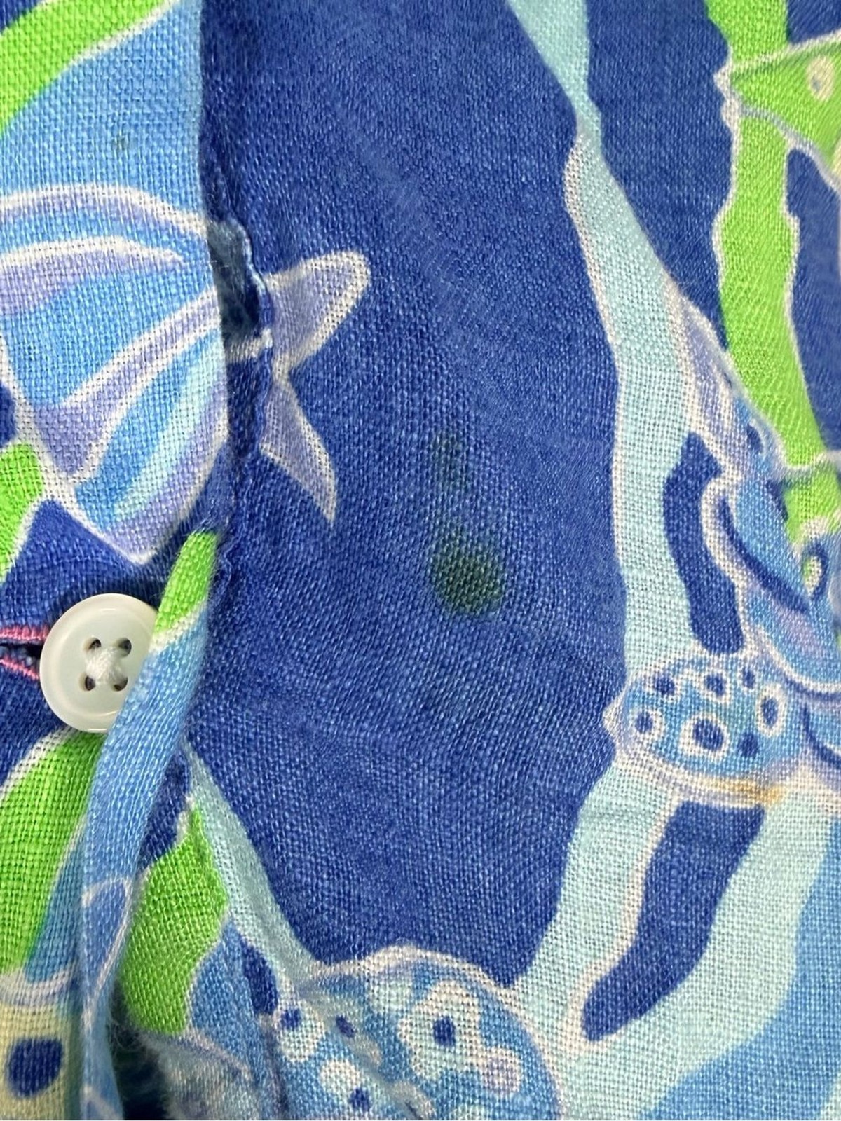 Lilly Pulitzer Men’s Stuff Wyeth 100% Linen Shirt L Sea Turtle Coral Blue Print