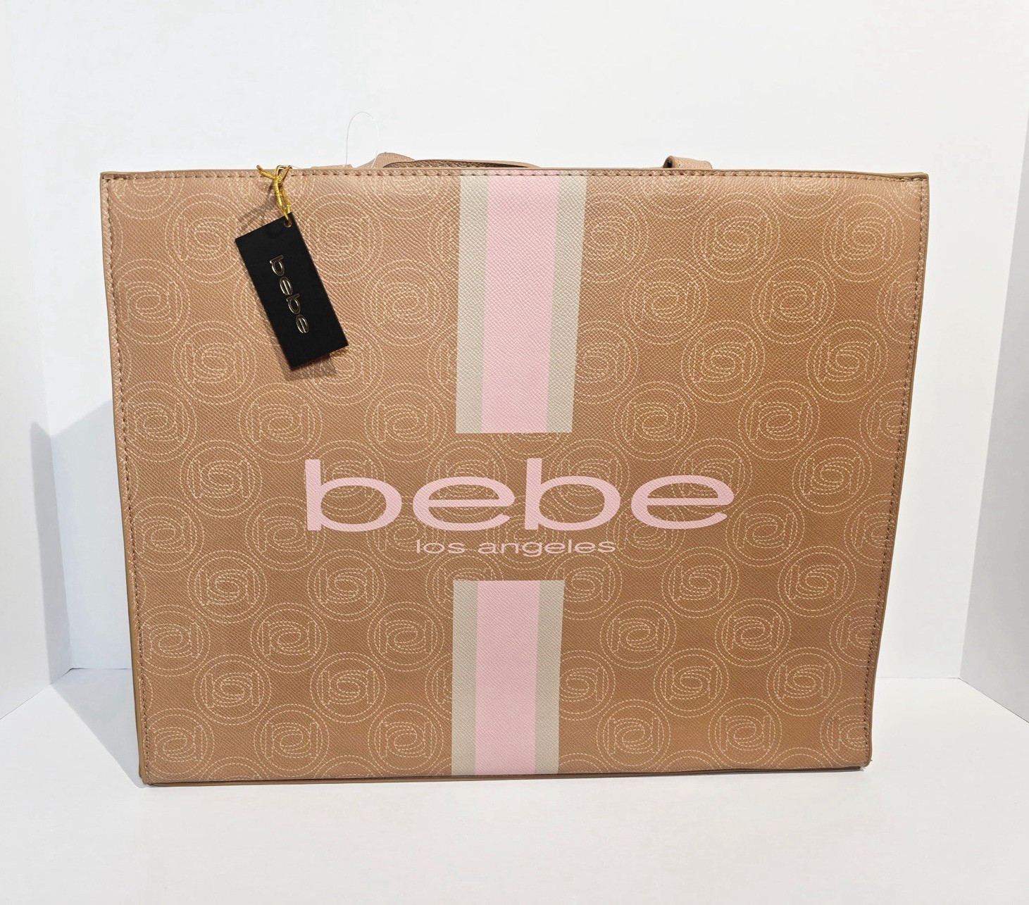 Bebe Los Angeles Monogram Tote Bag Tan Pink Stripe Large Shoulder Purse NWT