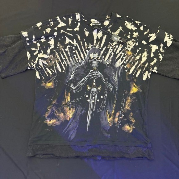 Hot Topic Mens Grim Reaper Graphic T-Shirt Bleach Tie Dye Studded Black Medium