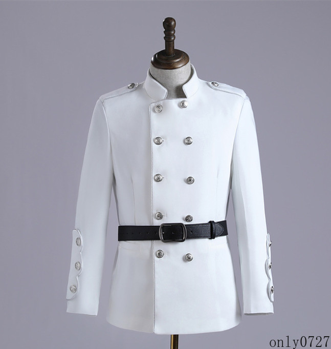 Mens Casual Suit Coat Double-breasted SStand Collar Belt Banquet Dance Costume