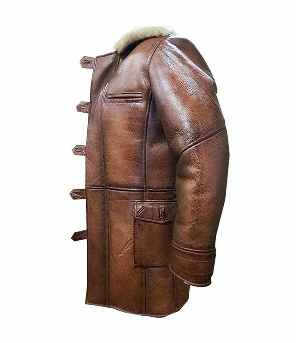 The Dark Knight Rises Tom Hardy Bane Shearling Distressed Leather Coat Jacket