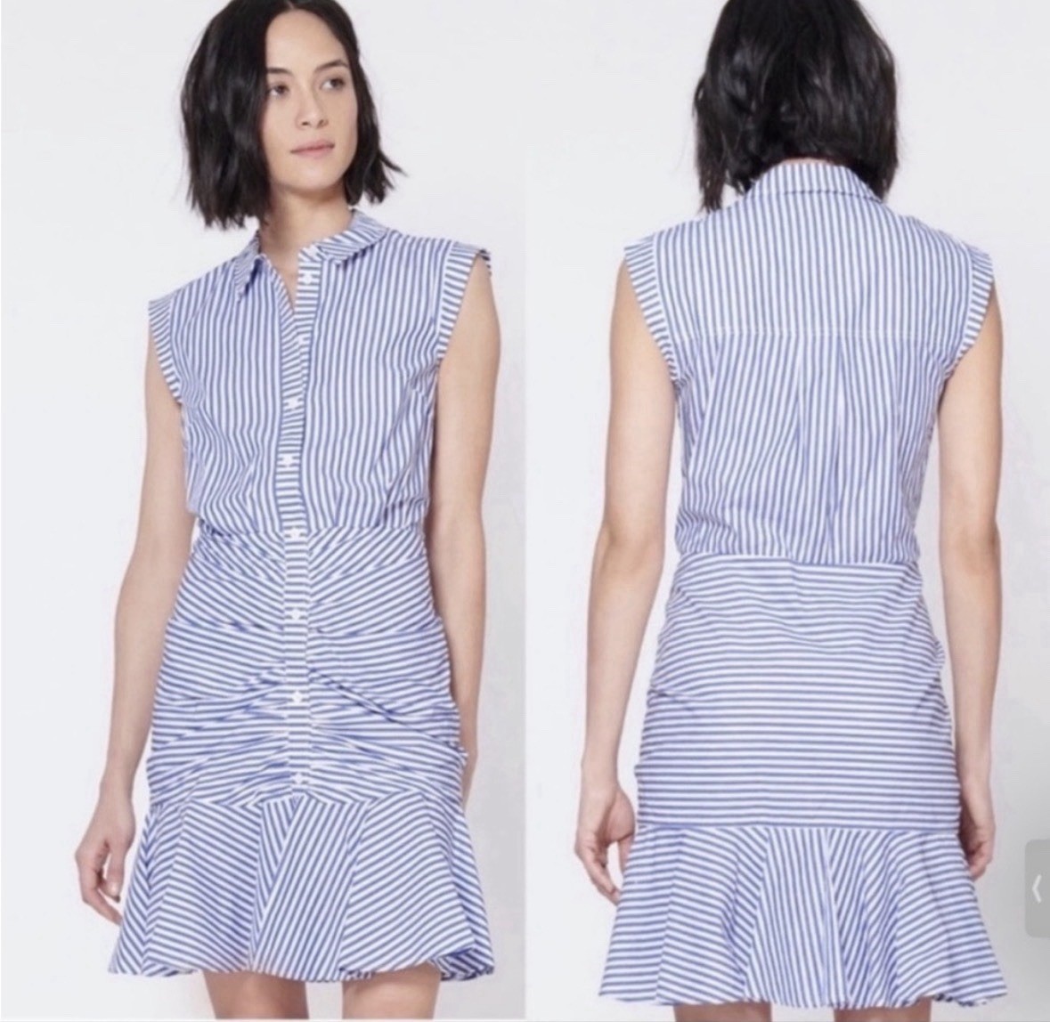 Veronica Beard Bell Button-down Ruched Blue White Sleeveless Shirt Dress Size 4