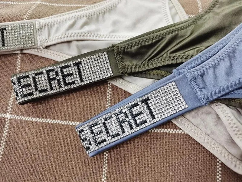 Low Waist Sexy Women Thongs Panties Rhinestones Letter Diamonds G String Sports