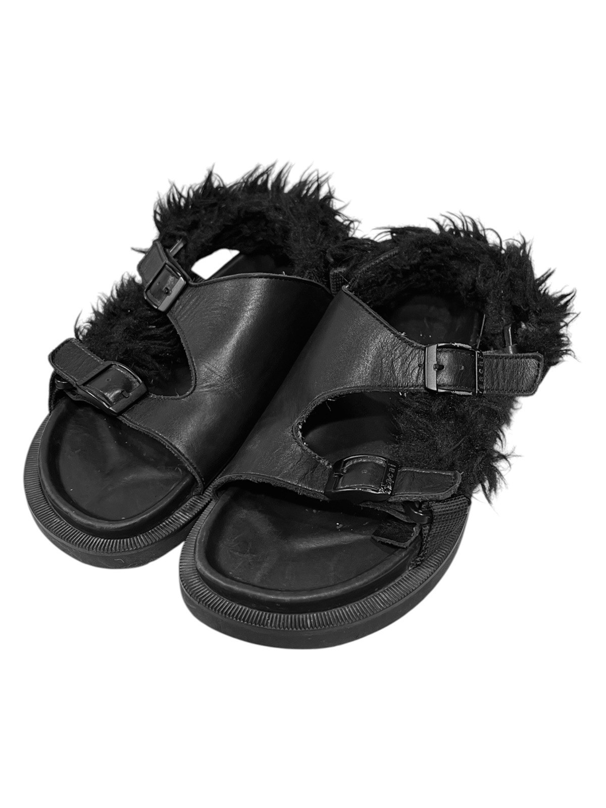 Sacai Black Leather Adjustable Buckle Sandals with Fur Trim ($685) Size 7