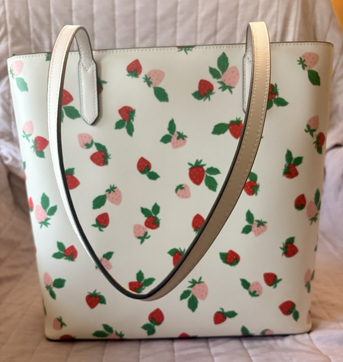 Kate Spade New York Strawberry Print White Large Zip Tote w/ Tassel Charm