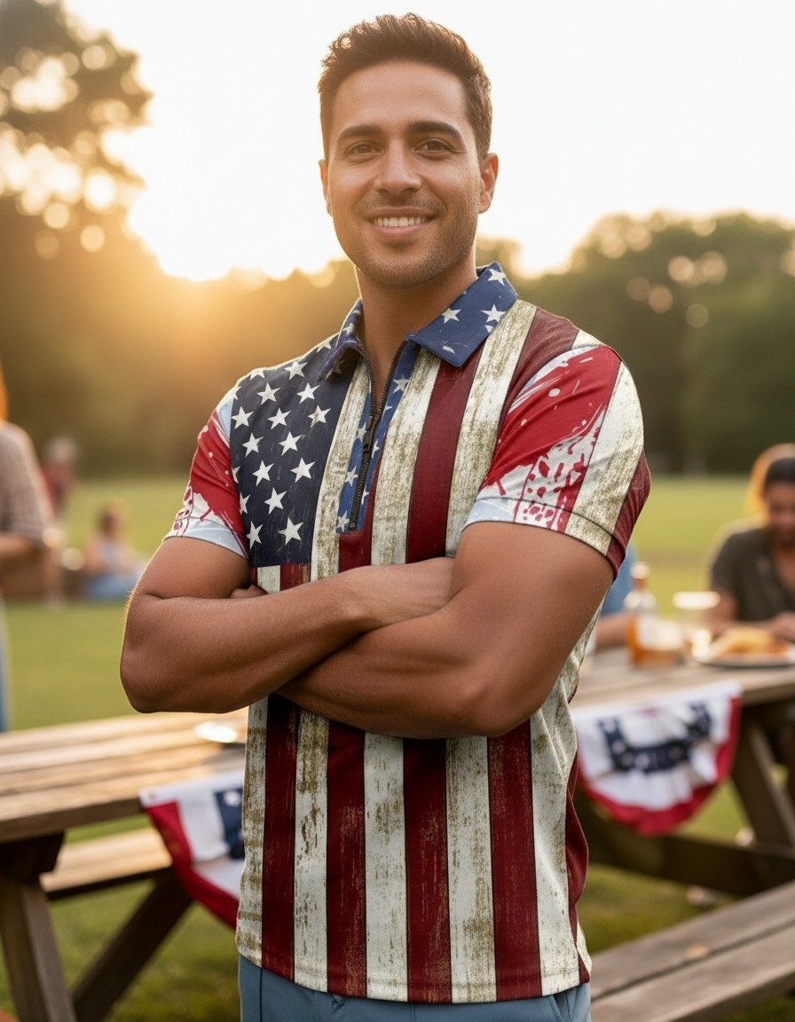 Patriotic Polo T-Shirt Men USA American Flag Distressed Golf Fashion Zipper Soft