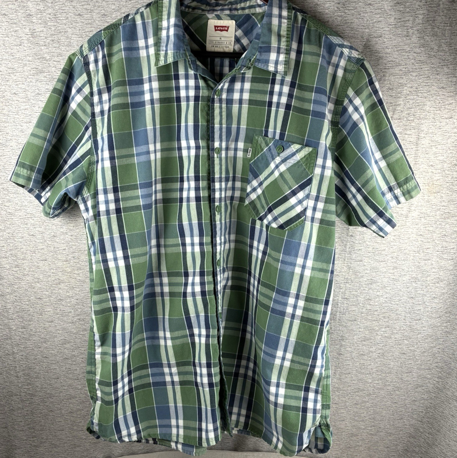 Levi’s Plaid Button Up Shirt Mens Navy Blue Green White Short Sleeve Gorpcore XL