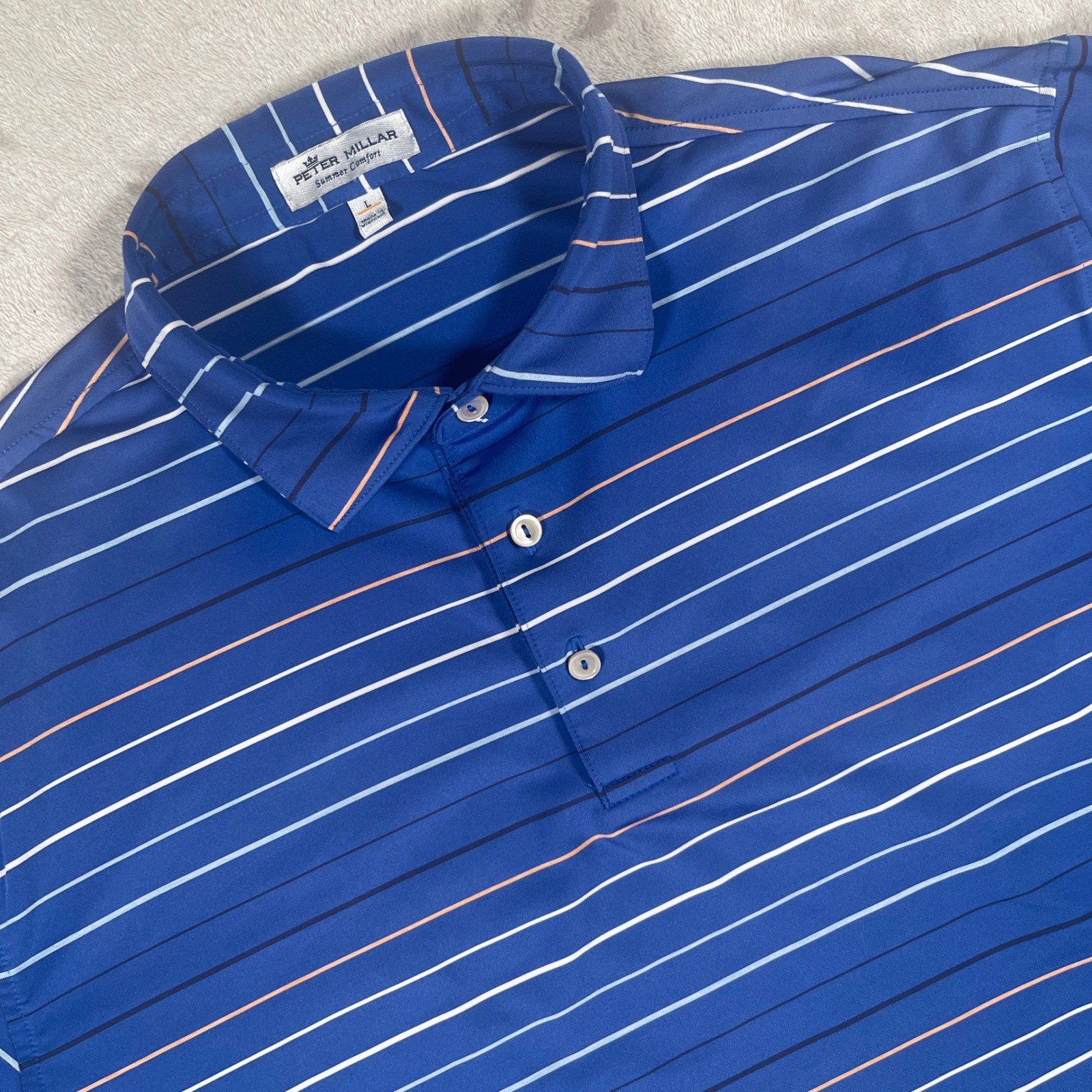 Peter Millar Summer Comfort Polo Mens L Blue Striped Performance Short Sleeve