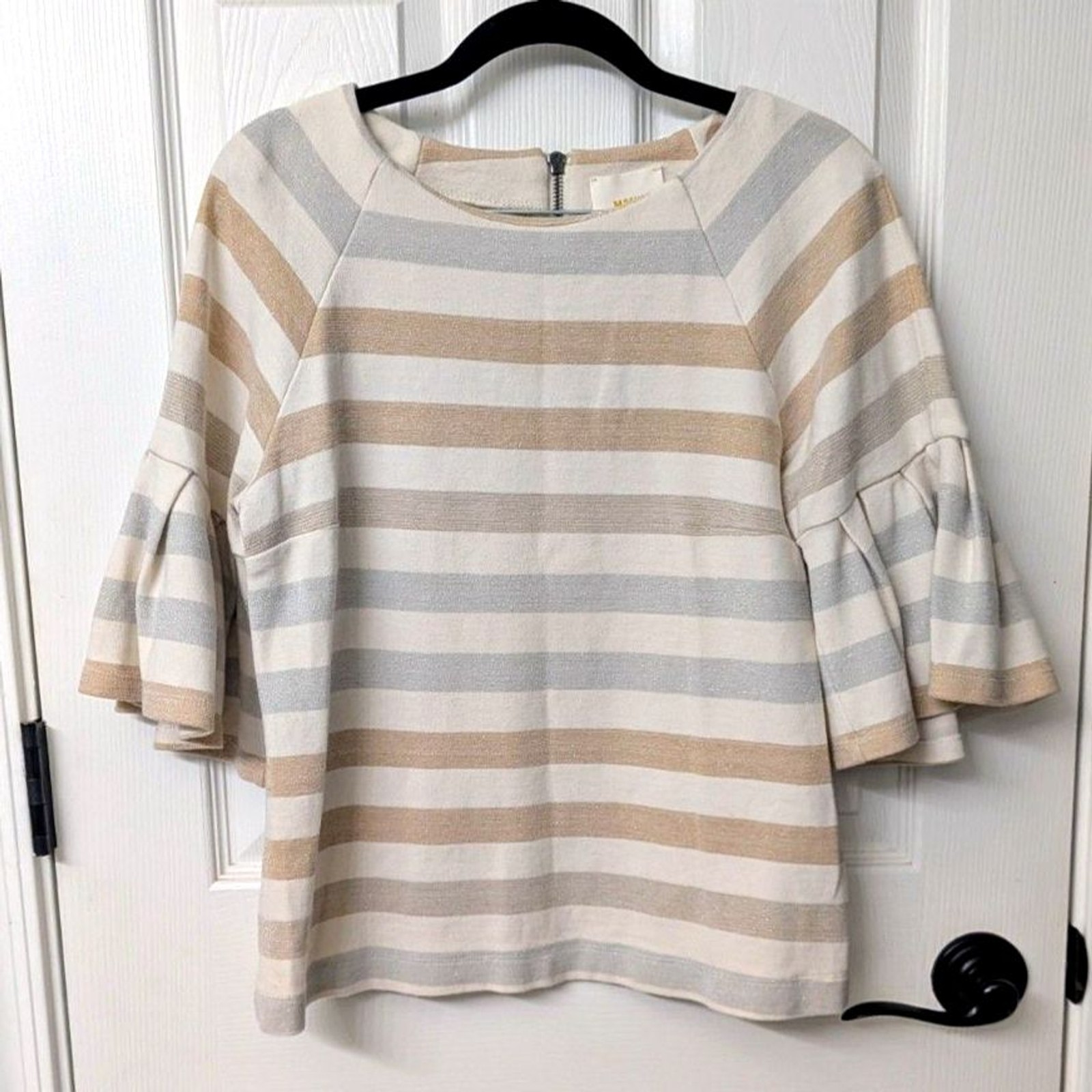 Maeve by Anthropologie Sparkle Stripe Flutter Sleeve Top | Size Med