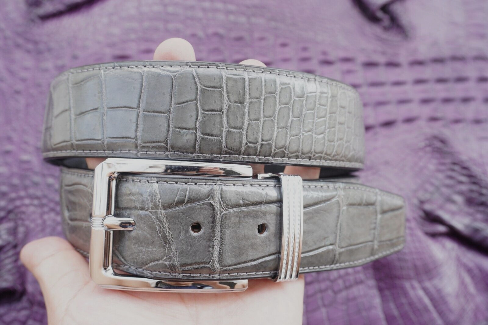 W 1.3 inch – Gray Genuine CROC Belly LEATHER Skin Men’s Belt