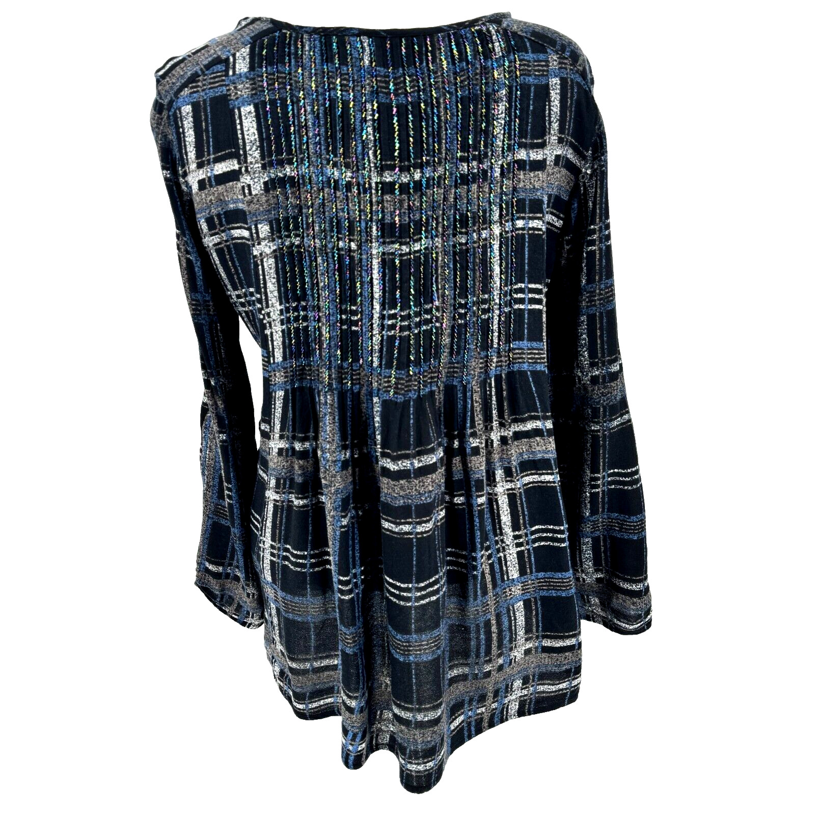 Soft Surroundings Tunic Button Front Medium Blue Plaid Stretch Beads Pleated